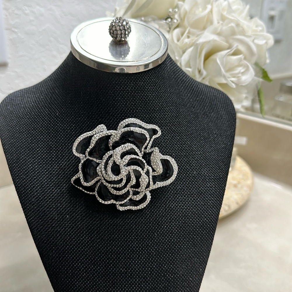 Joan Rivers Vintage Black Enamel & Crystal Rhinestone Gardenia Flower Brooch
